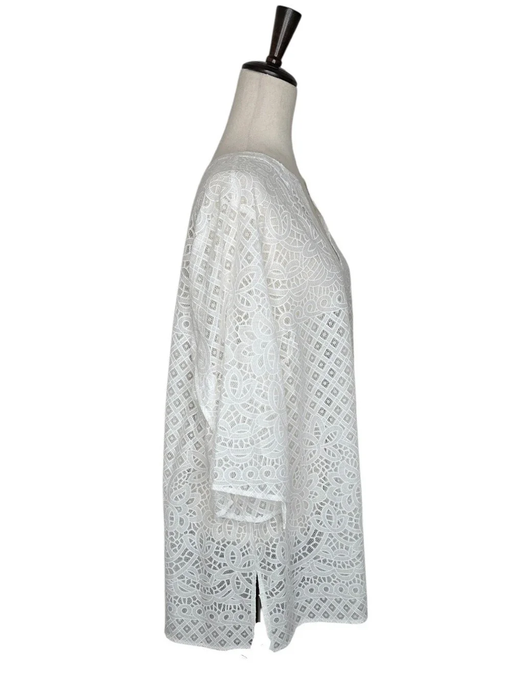 Chico's White Open Lace Split Notched V-neck 3/4 Sleeve Tunic Top Size XL - Picture 3 of 9